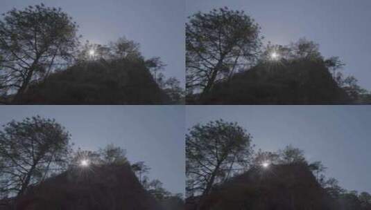 航拍阳光透过山顶的树林高清在线视频素材下载