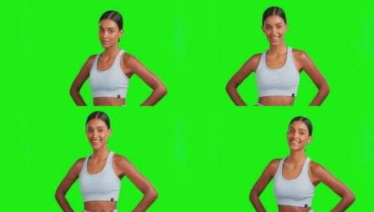 健身绿屏上的脸、快乐和女人，双手放在臀部高清在线视频素材下载