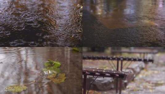 城市下雨天地面滴水 水滴落叶情绪低落空镜高清在线视频素材下载