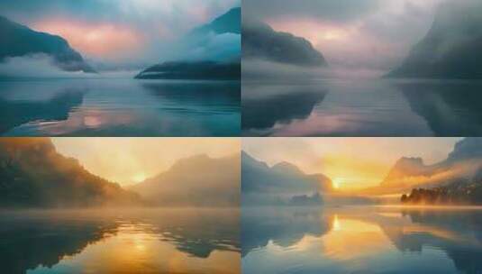 湖面早晨雾气 日出浓雾 山水风 水墨风高清在线视频素材下载