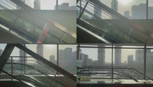 扶梯上行郑州西广场人流窗外双子塔高清在线视频素材下载