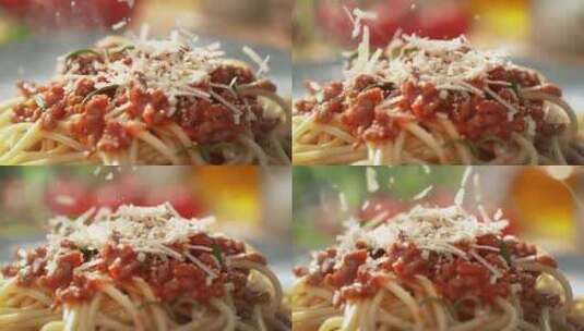 在意大利肉酱面上撒碎芝士高清在线视频素材下载