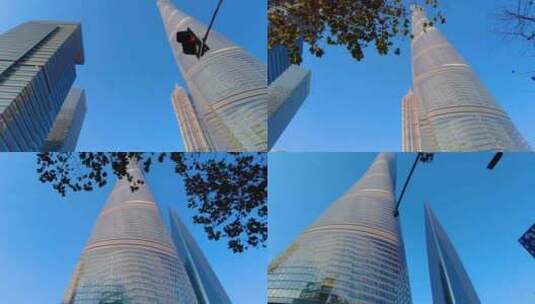 透过树枝叶子仰望高楼大厦上海中心大厦风景高清在线视频素材下载