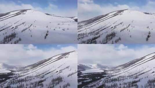 航拍新疆冬季喀纳斯湖雪景雪山森林冰河晨雾高清在线视频素材下载