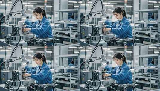 女工在车间操作工业机械高清在线视频素材下载