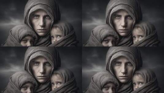 唐朝战乱时期母子三人相依为命的凄凉景象高清在线视频素材下载