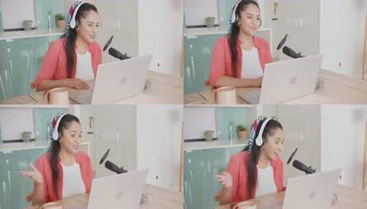 录制播客，亚洲女人使用笔记本电脑和麦克风高清在线视频素材下载