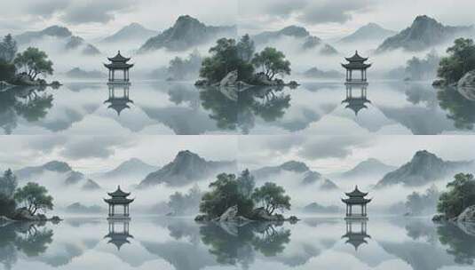 湖泊亭台倒影水墨中国风夏至旅游古典意境高清在线视频素材下载