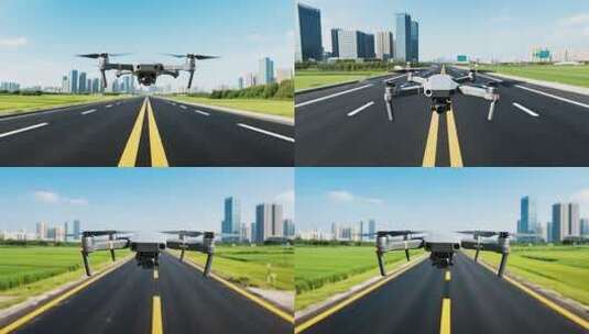 公路上空飞行的无人机高清在线视频素材下载