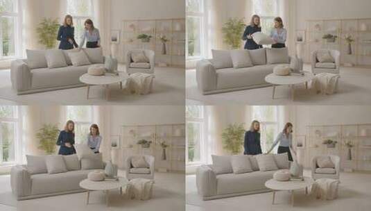 女性于客厅查看沙发家居高清在线视频素材下载