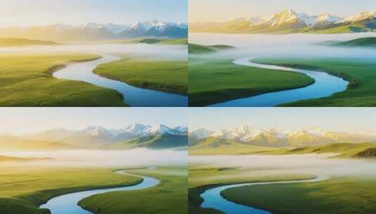 草原雪山河流自然风光高清在线视频素材下载
