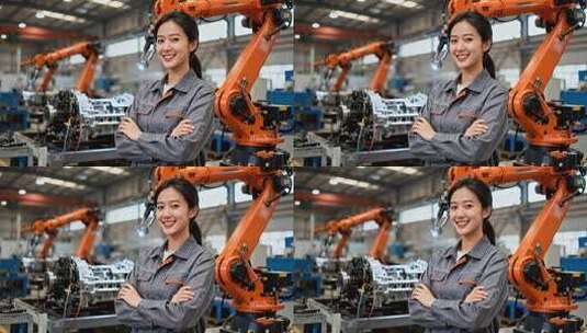 工厂女工人与机械臂合影高清在线视频素材下载