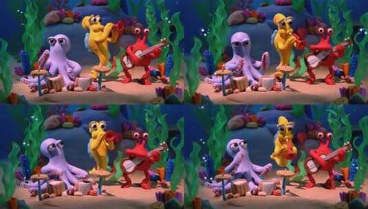 海底卡通动物乐队演奏素材高清在线视频素材下载