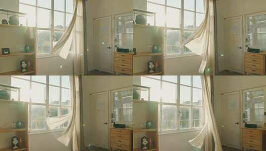 室内窗户阳光照射飘动窗帘高清在线视频素材下载