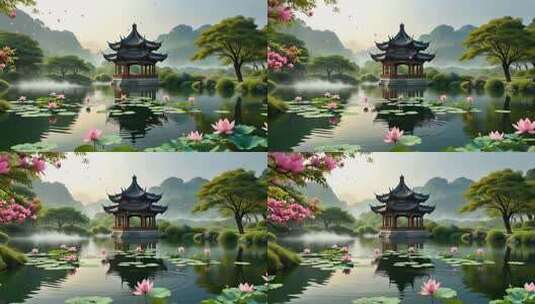 中式园林荷花池中的古亭风景高清在线视频素材下载