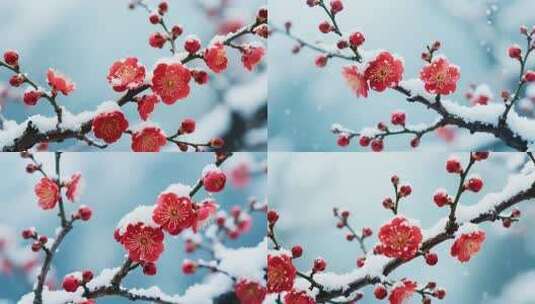 雪中绽放的红色梅花高清在线视频素材下载
