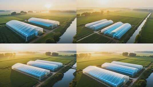 田野间的蔬菜大棚航拍画面高清在线视频素材下载