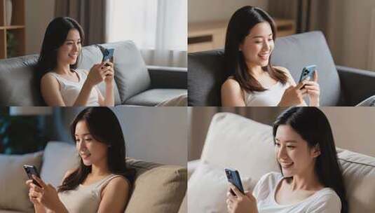 女子沙发上专注看手机高清在线视频素材下载