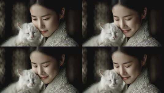 唐朝女子怀抱白猫温柔恬静的生活画卷高清在线视频素材下载