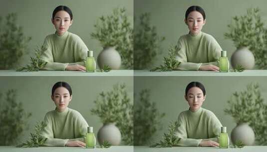 亚洲女性展示绿色香水清新自然高清在线视频素材下载