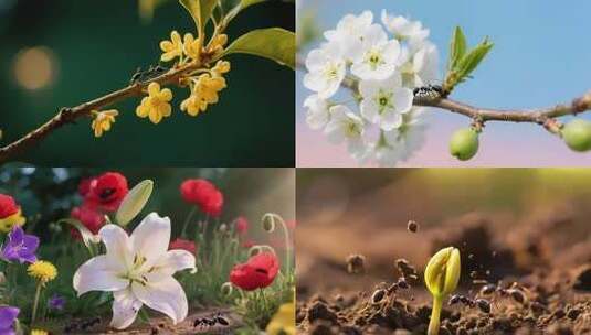 蚂蚁围绕发芽植物的微距场景高清在线视频素材下载