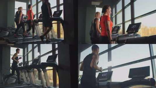 健身房内人们跑步机上锻炼高清在线视频素材下载
