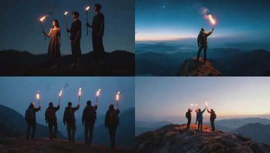 户外徒步者手持火把行走画面高清在线视频素材下载