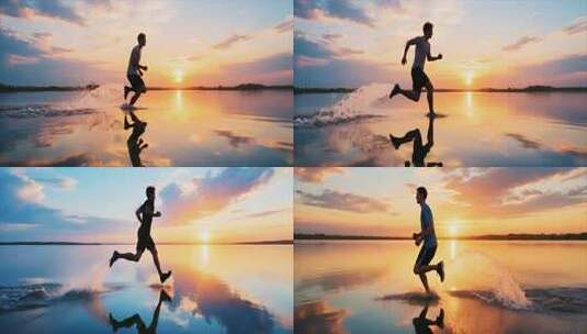 男子日落时分湖边跑步素材高清在线视频素材下载