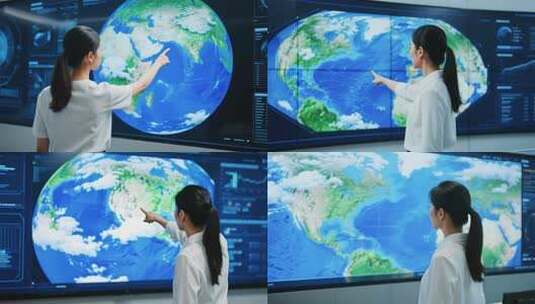 女性指触虚拟地球画面高清在线视频素材下载