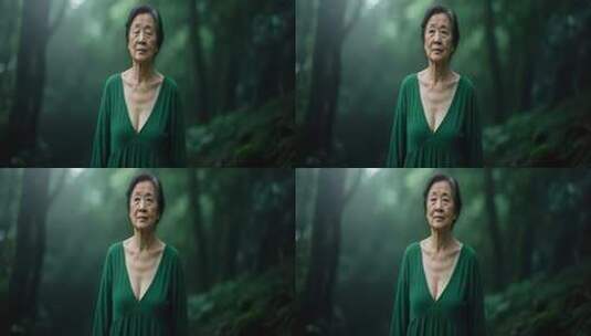 森林中身着绿衣的老年女性高清在线视频素材下载