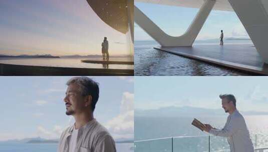 男子于现代建筑旁临海而立高清在线视频素材下载