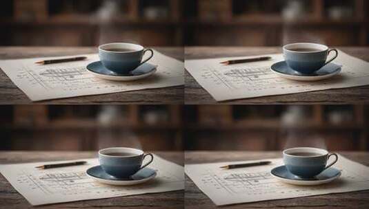 一杯咖啡伴随船舶设计图纸的闲暇时光高清在线视频素材下载