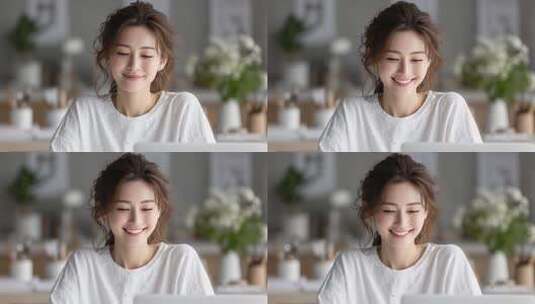 自信微笑的年轻女性居家办公场景高清在线视频素材下载