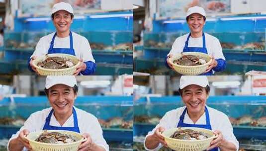 商贩手持装有螃蟹的篮子高清在线视频素材下载