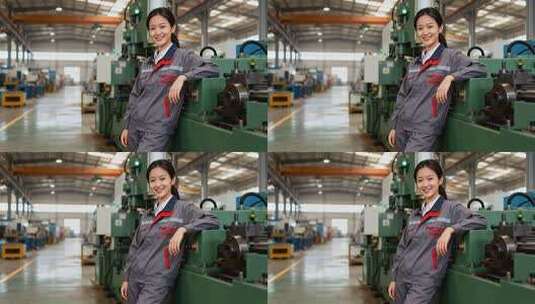 女工人在工厂靠机器微笑摆拍高清在线视频素材下载