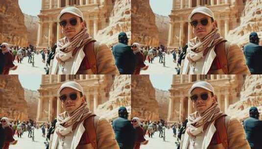佩特拉古城遗址前游客的旅行体验记录高清在线视频素材下载