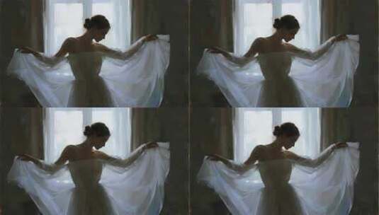 窗边女子展示白色纱裙姿态高清在线视频素材下载