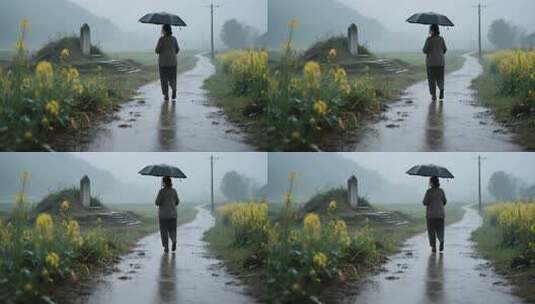 雨中撑伞行走的人物乡间小路高清在线视频素材下载