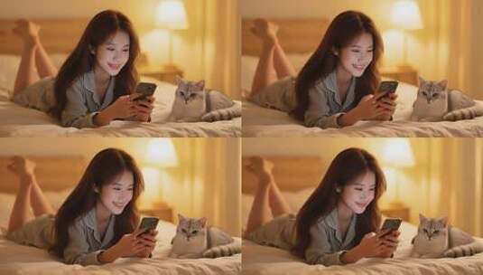 居家少女趴床上玩手机高清在线视频素材下载