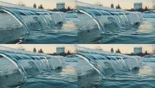 户外水流淌过结冰物体高清在线视频素材下载