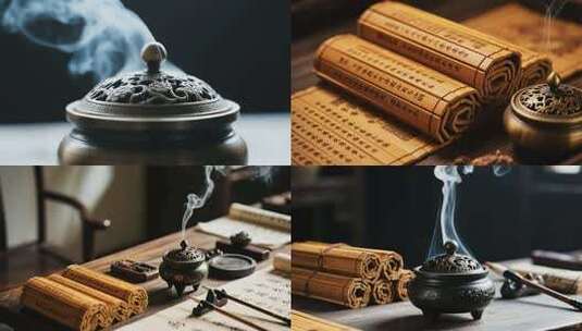 古风香炉与书籍的意境营造高清在线视频素材下载