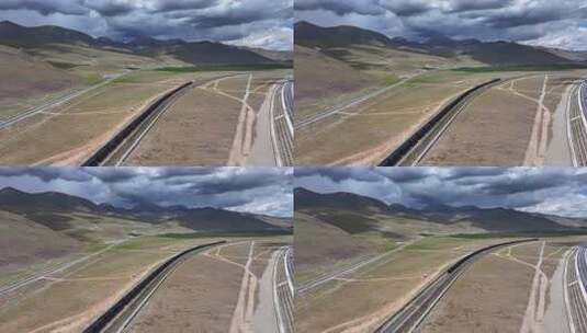 青藏高原铁路火车航拍画面高清在线视频素材下载