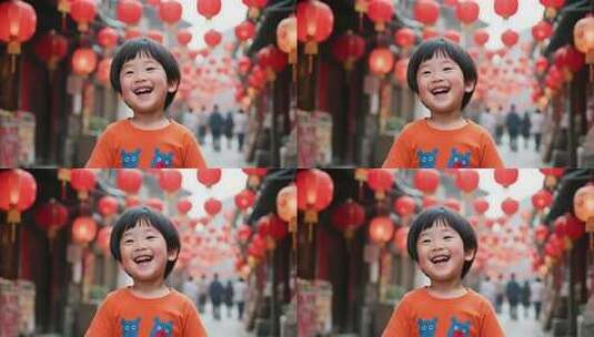 小孩于灯笼街道开心留影高清在线视频素材下载