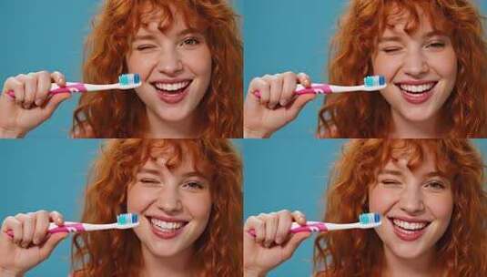 女孩刷牙健康生活方式视频高清在线视频素材下载