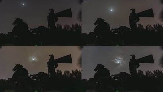 月蚀之夜月食月光下的古代将军战车雕像延时高清在线视频素材下载
