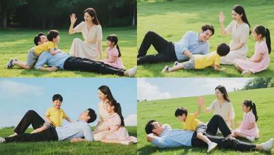 一家四口在草地互动场景高清在线视频素材下载