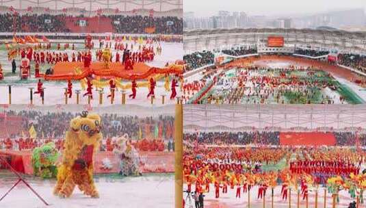 甘肃定西社火秧歌户外舞狮表演现场高清在线视频素材下载