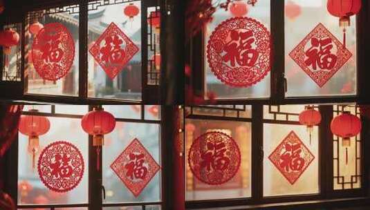 窗户上的春节福字与红灯笼高清在线视频素材下载