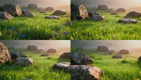 春天阳光下晨曦中的草地与岩石高清在线视频素材下载