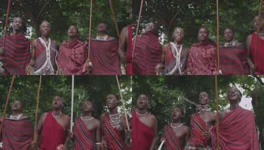 非洲马赛人穿传统服装跳舞唱歌高清在线视频素材下载